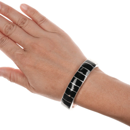 6.5" Vintage Zuni channel inlay silver onyx cuff bracelet - Estate Fresh Austin
