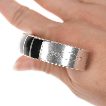 6.5" Vintage Zuni channel inlay silver onyx cuff bracelet - Estate Fresh Austin