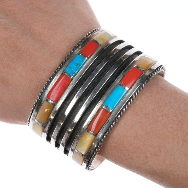 6.5" Vintage Zuni Sterling-Turquoise, coral, shell channel inlay cuff bracelet - Estate Fresh Austin