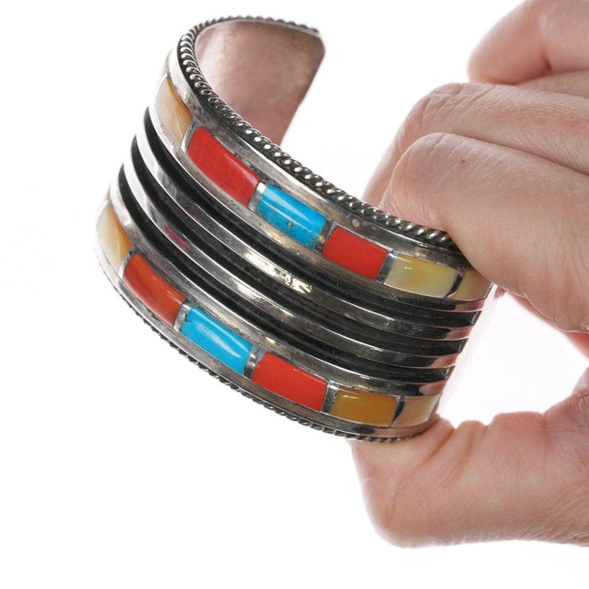 6.5" Vintage Zuni Sterling-Turquoise, coral, shell channel inlay cuff bracelet - Estate Fresh Austin