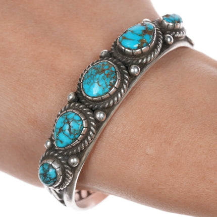 6.5" Wil Vandever Navajo sterling spiderweb turquoise row cuff bracelet - Estate Fresh Austin