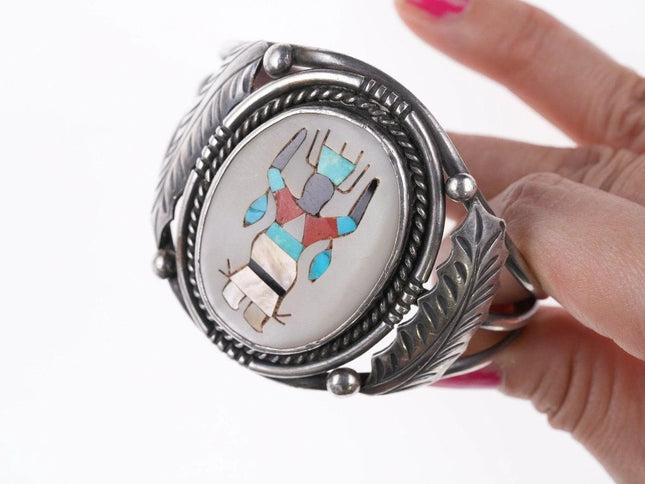 6.5" Zuni Multi-stone inlay in shell silver bracelet - Estate Fresh Austin