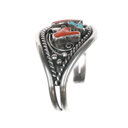 6.5"CJT 1970's Native American silver, turquoise, coral cuff bracelet - Estate Fresh Austin
