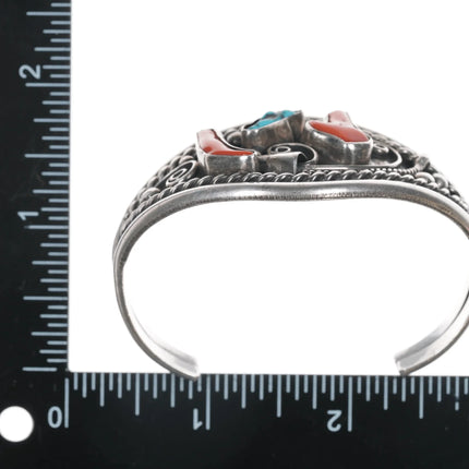 6.5"CJT 1970's Native American silver, turquoise, coral cuff bracelet - Estate Fresh Austin