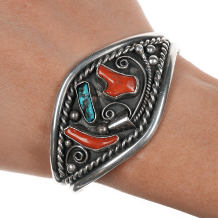 6.5"CJT 1970's Native American silver, turquoise, coral cuff bracelet - Estate Fresh Austin