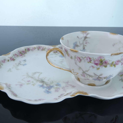 c1900 Haviland Schleiger 70d Limoges Snack Set Cup and plate Pink roses and blue thistle with