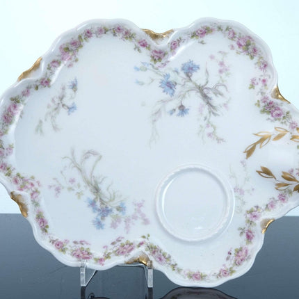 c1900 Haviland Schleiger 70d Limoges Snack Set Cup and plate Pink roses and blue thistle with