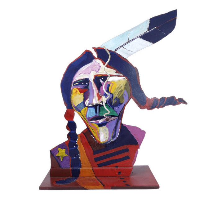 马尔科姆·弗洛 (Malcolm Furlow) 切割钢 3 维波普艺术吸烟美洲原住民男子雕塑