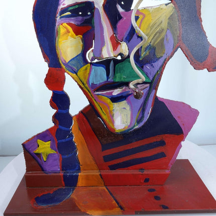 Malcolm Furlow dreidimensionale Pop-Art-Skulptur aus geschnittenem Stahl eines rauchenden amerikanischen Ureinwohners