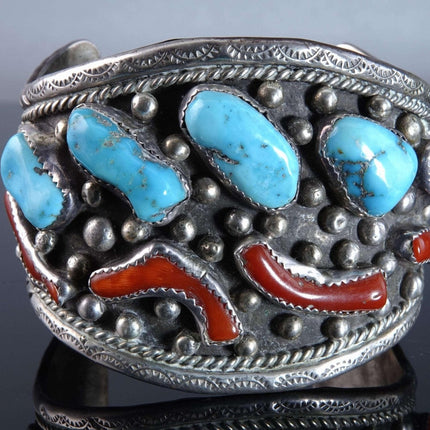 Vintage Foster Yazzie Navajo Sterling Turquoise, Coral Cuff Bracelet