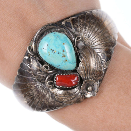 Vintage Native American sterling turquoise, and coral cuff bracelet