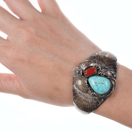 Vintage Native American sterling turquoise, and coral cuff bracelet