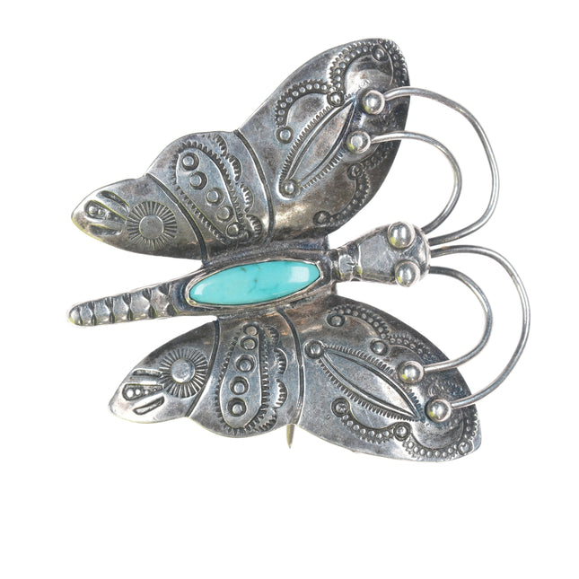 Vintage Navajo Heavy stamped silver butterfly pin with turquoise