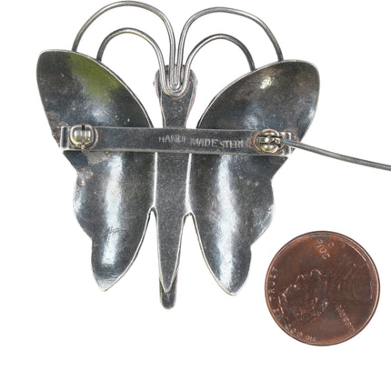 Vintage Navajo Heavy stamped silver butterfly pin with turquoise