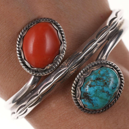 Vintage Native American Sterling Turquoise and coral Cuff bracelet k