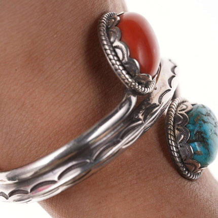 Vintage Native American Sterling Turquoise and coral Cuff bracelet k