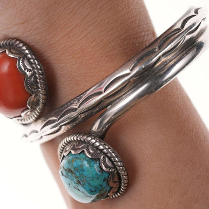 Vintage Native American Sterling Turquoise and coral Cuff bracelet k