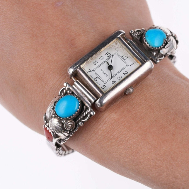 Vintage Damen-Uhrenarmband aus Sterlingsilber mit Türkis und Koralle