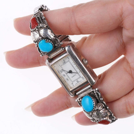 Vintage Ladies sterling turquoise and coral watch band