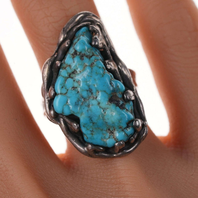 Vintage Native American Sterling and turquoise freeform boulder ring