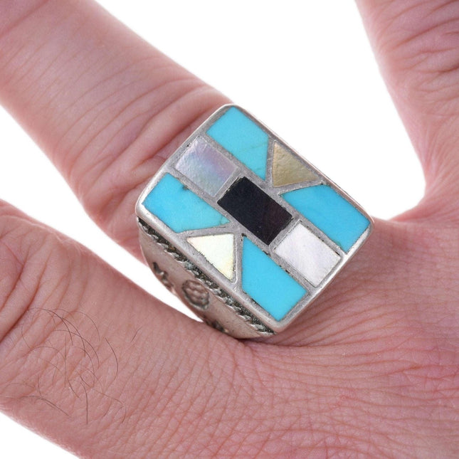 Vintage Native American silver turquoise, jet, and mother of pearl ring