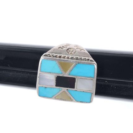 Vintage Native American silver turquoise, jet, and mother of pearl ring