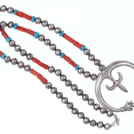 Vintage Halskette aus Sterling-Korallen und türkisfarbenen Perlen der amerikanischen Ureinwohner mit Naja