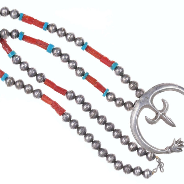 Vintage Native American Sterling Coral and turquoise beaded necklace with naja