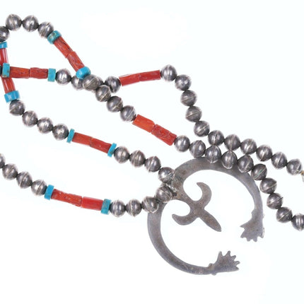 Vintage Halskette aus Sterling-Korallen und türkisfarbenen Perlen der amerikanischen Ureinwohner mit Naja