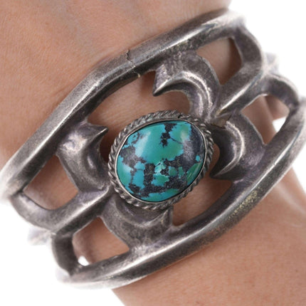 Vintage Native American Sandcast Sterling/turquoise cuff bracelet