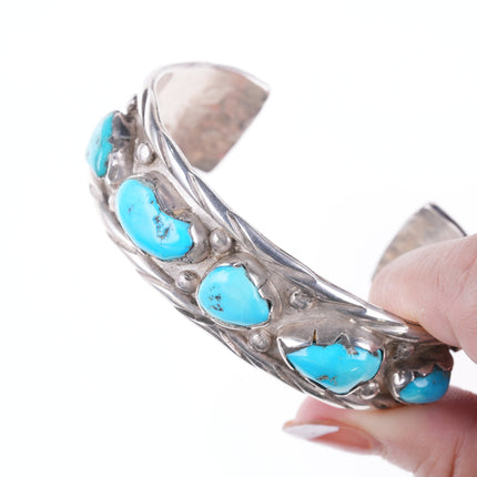 6.5" Vintage Zuni carved turquoise silver bracelet