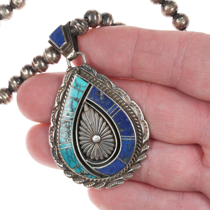 Vintage Native American Turquoise/Lapis Channel inlay sterling pendant/necklace