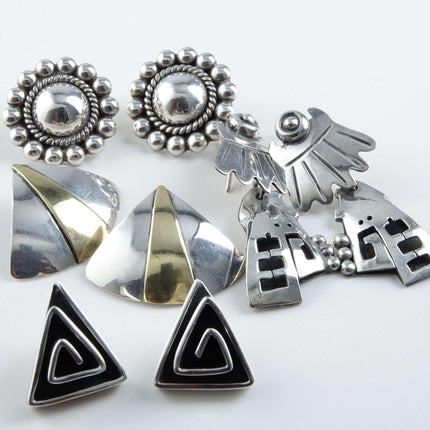 Vintage modernist Handmade Sterling Silver Earrings Lot Mexico and Artist Sign