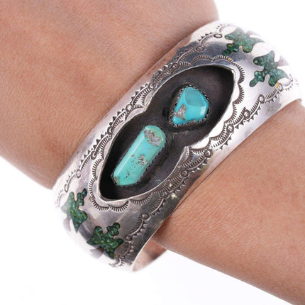 Vintage Navajo Bird Chip inlay turquoise and sterling bracelet