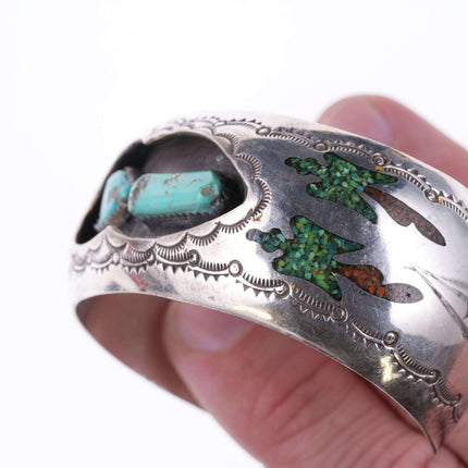 Vintage Navajo Peyote Bird Chip Inlay Türkis und Sterling Armband