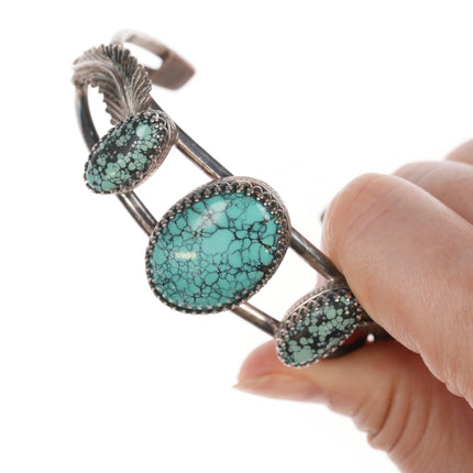 6.5" Vintage Southwestern sterling and turquoise cuff bracelet with fancy bezels