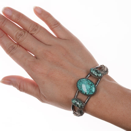 6.5" Vintage Southwestern sterling and turquoise cuff bracelet with fancy bezels