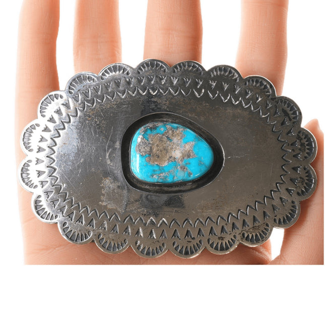 Vintage Navajo stamped silver and turquoise buckle