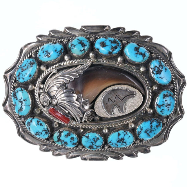 Vintage Navajo Danny Dale Sterling Kingman turquoise, and coral belt buckle