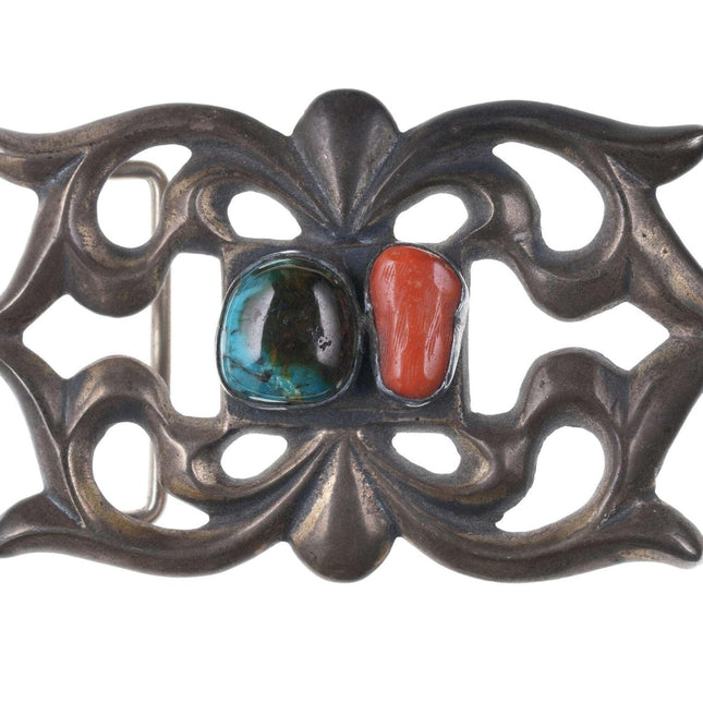 Vintage Native American tufa cast silver turquoise/coral belt buckle