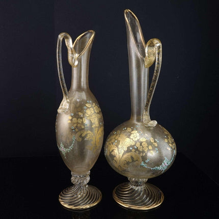 Vintage Murano Venetian Glass Ewers with gold flecks and hand painted flowers