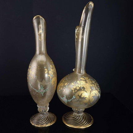复古穆拉诺威尼斯玻璃水壶，带金色斑点和手绘花朵