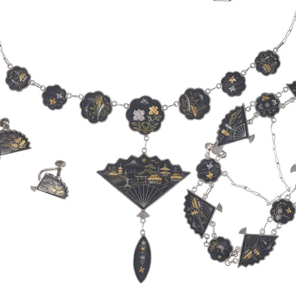 Vintage japanisches Set aus Halskette, Armband und Ohrringen aus Sterling-Damaszener-Mischmetallen