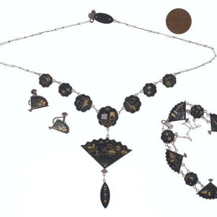 复古日本纯大马士革混合金属项链、手链和耳环套装