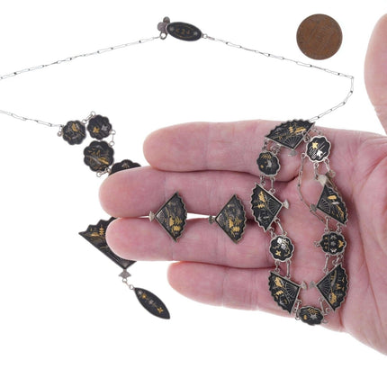 Vintage Japanese Sterling Damascene mixed metals necklace, bracelet, and earring