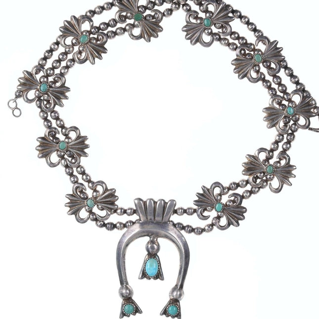 Vintage Navajo Silver Tufa Cast Squash blossom necklace with turquoise