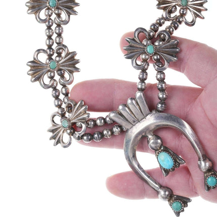 Vintage Navajo Silver Tufa Cast Squash blossom necklace with turquoise