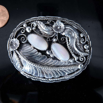 復古納瓦荷純銀與珍珠母貝皮帶扣