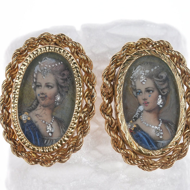 Vintage Italian 14k gold hand painted portrait earrings