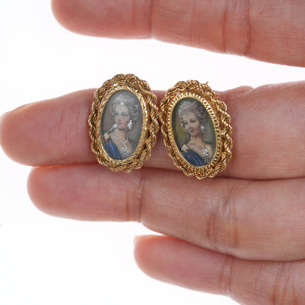 Vintage Italian 14k gold hand painted portrait earrings